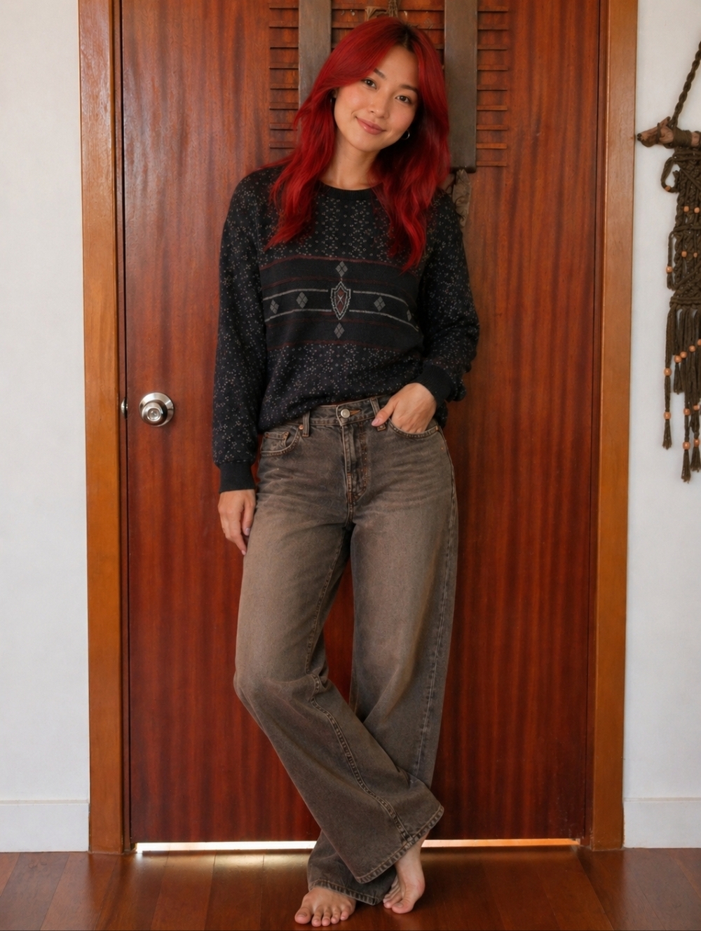 Black and Maroon Patterned Knit Crewneck 90s Dad's Sweater Pullover